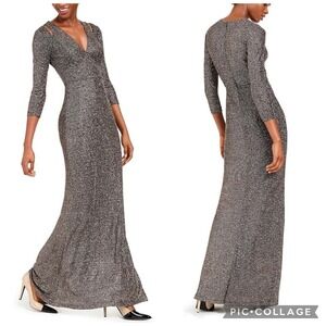 NEW Calvin Klein Women's Sheath Long Dress Gown Black Shimmer Cutout V-Neck Sz 2
